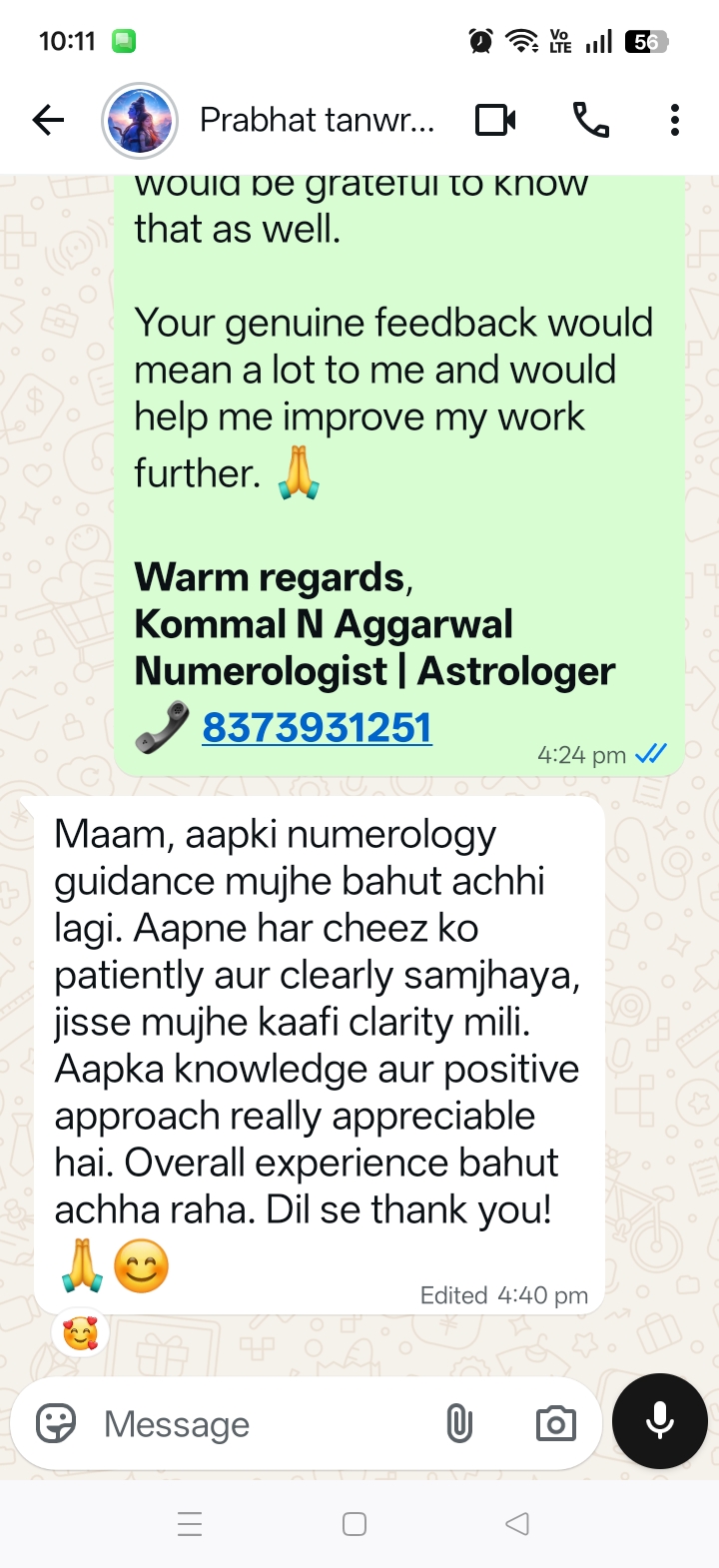 Prabhat Tanwar WhatsApp review screenshot