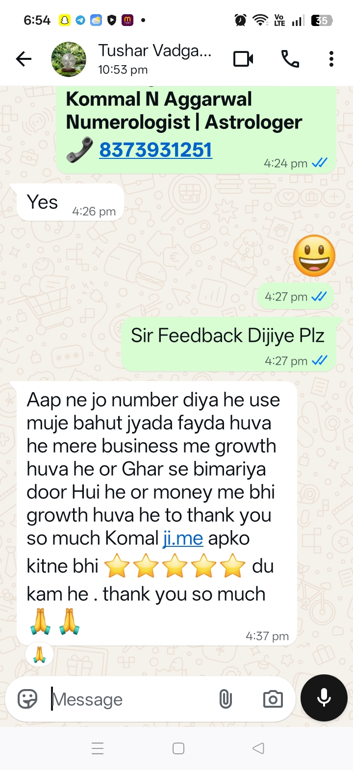 Tushar Vadgama WhatsApp review screenshot